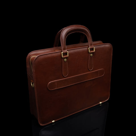 Von Baer Elegant high-quality slim full-grain leather laptop bag in brown, 3D back view from above for men.