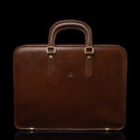 Von Baer Elegant high-quality slim full-grain leather laptop bag in brown, front view for men.