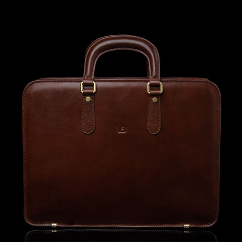 Von Baer Elegant high-quality slim full-grain leather laptop bag in brown, front view for men.