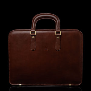 Von Baer Elegant high-quality slim full-grain leather laptop bag in brown, front view, for women.