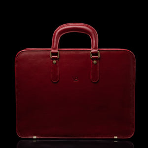 Von Baer Elegant high-quality slim full-grain leather laptop bag for women in red, front view.