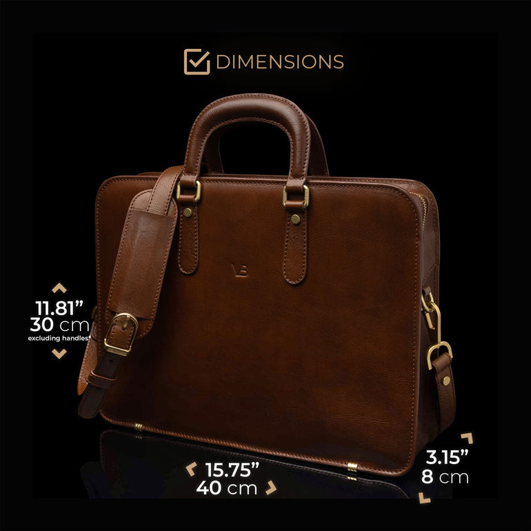 Von Baer Elegant luxury slim leather laptop bag with shoulder strap in brown color, featuring dimensions.