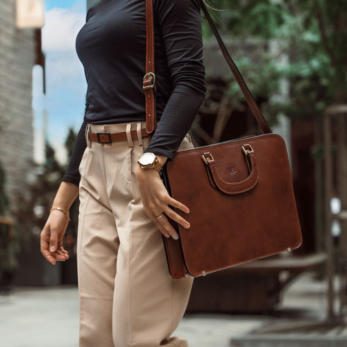 Slim Leather Laptop Bag for Women with Shoulder Strap and 14 Inch Laptop Compartment