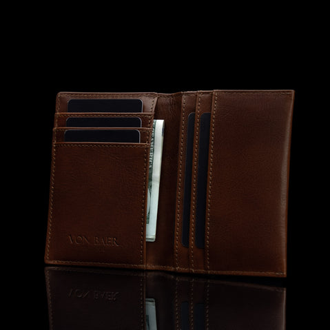 von baer element comfortable small leather card case wallet brown inside view with dollars