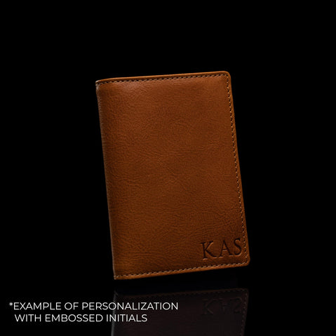 Von Baer element personalizable leather card case for men in tan, featuring embossed initials example: KAS.