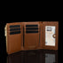 Von Baer Elise women's cognac trifold leather wallet displayed open to reveal multiple card slots and an interior ID window.