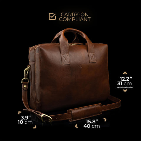 von baer essential mens vegetable tanned leather laptop bag with shoulder strap - carry-on compliant