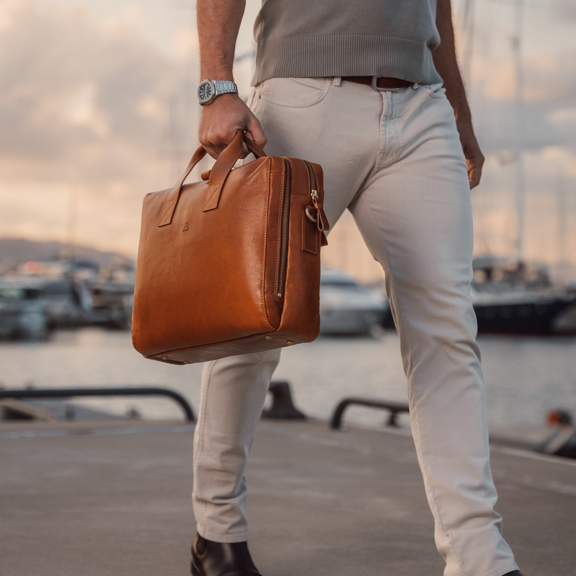 Modern Full Grain Leather Briefcase for Men with Shoulder Strap