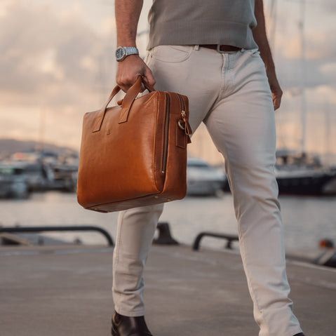 essential modern leather briefcase tan dapper businessman sunset yachts