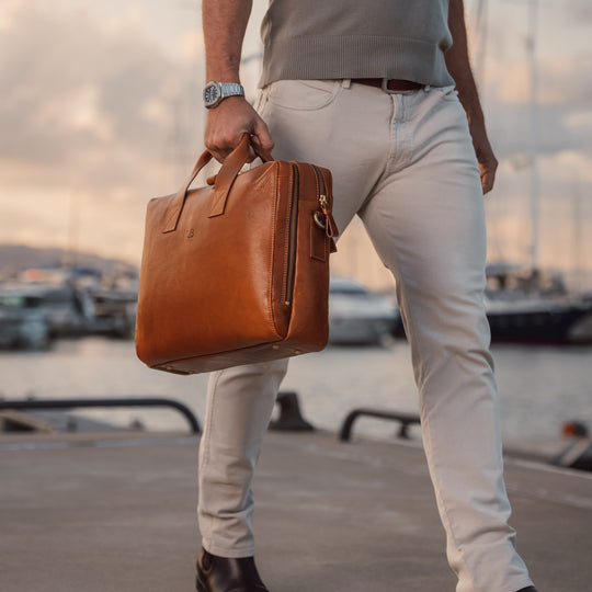 essential modern leather briefcase tan dapper businessman sunset yachts