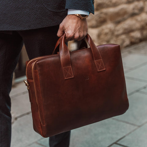 von baer essential modern professional italian leather briefcase for men solid brown carried by lawyer