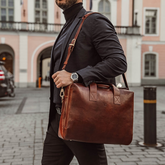 von baer essential professional italian leather briefcase for men solid brown for laptop with shoulder strap on man in a suit