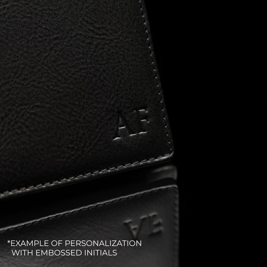 Von Baer example of laser engraving on black leather full grain money clip wallet.