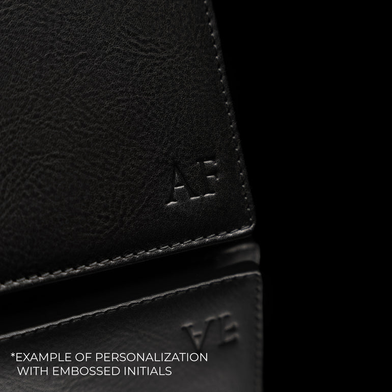 Von Baer example of laser engraving on black leather full grain money clip wallet.
