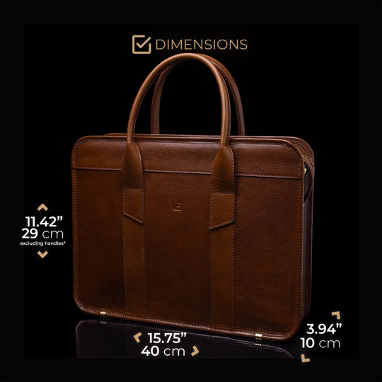 Von Baer Exquisite luxury slim leather laptop bag with shoulder strap in brown color, featuring dimensions.