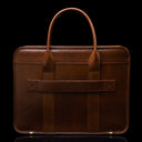 Men’s Von Baer Exquisite luxury full-grain leather laptop briefcase in brown, back view of luggage strap for travel.
