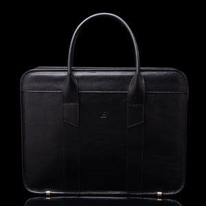 Men’s Von Baer Exquisite luxury full-grain leather laptop briefcase in black, front view.