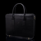 Men’s Von Baer Exquisite luxury full-grain leather laptop briefcase in black, half-turned 3D view.