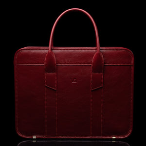 Men’s Von Baer Exquisite luxury full-grain leather laptop briefcase in red, front view.