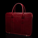 Men’s Von Baer exquisite luxury full-grain leather laptop briefcase in red, half-turned 3D view.