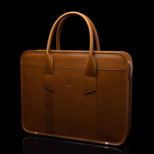 Von Baer Exquisite luxury full-grain tan leather laptop briefcase for women half-turned 3D view