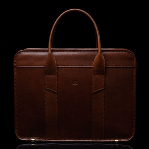 Men’s Von Baer exquisite professional full-grain leather laptop briefcase in brown, front view.