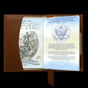 Von Baer full grain leather passport cover holder, inside view with passport inserted