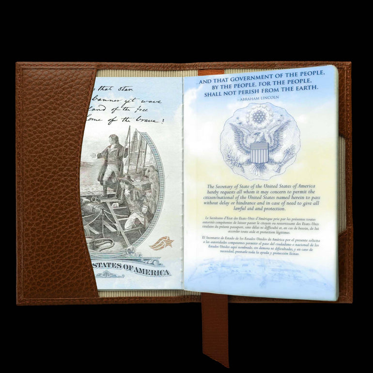 Von Baer full grain leather passport cover holder, inside view with passport inserted