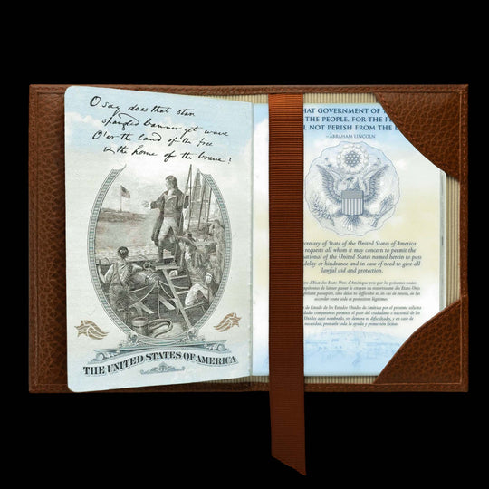 Von Baer full grain leather passport cover holder, inside view with passport inserted