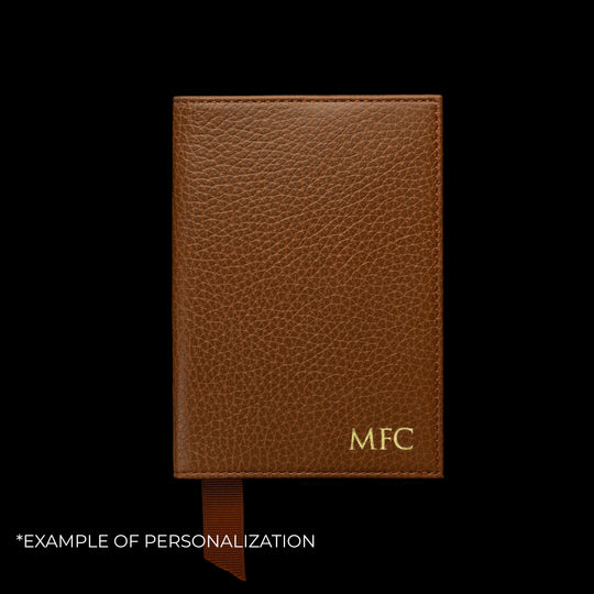Von Baer full grain leather passport cover holder rear view with embossed initials, personalization example