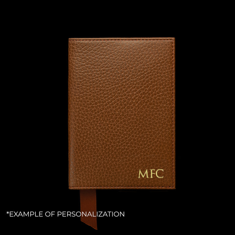 Von Baer full grain leather passport cover holder rear view with embossed initials, personalization example