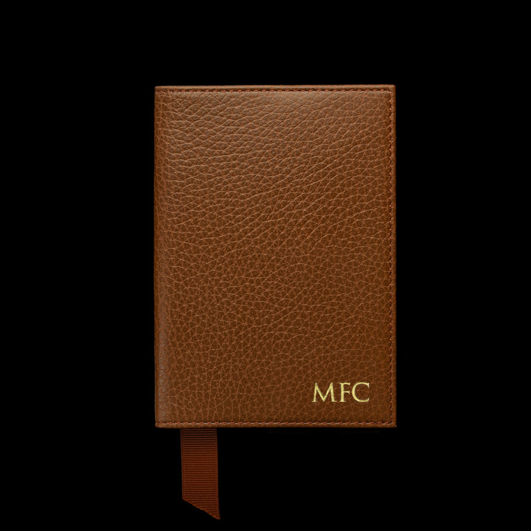 Von Baer full grain leather passport cover holder rear view with embossed initials, personalization example