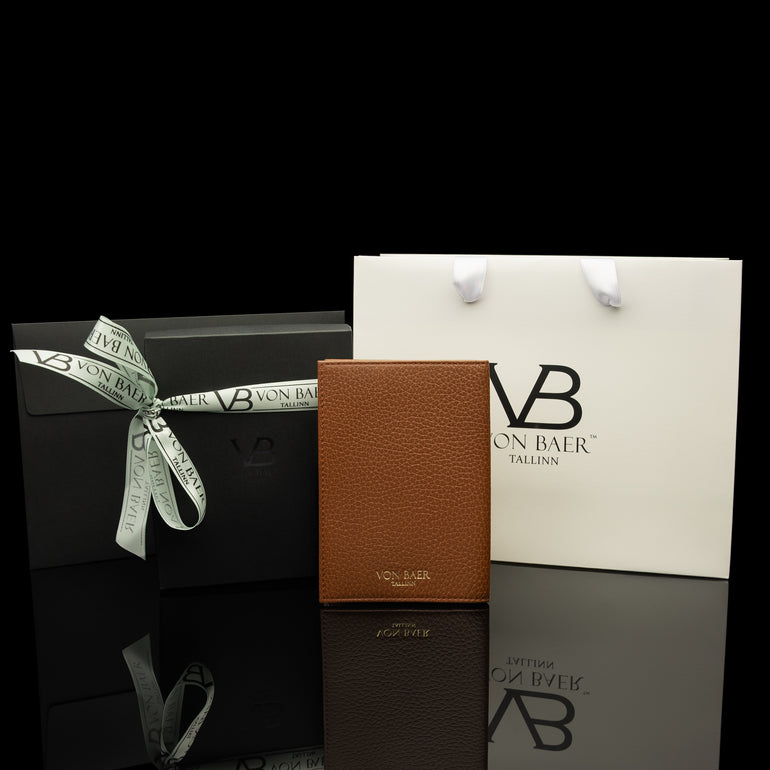 Von Baer full grain leather passport cover holder in cognac tan color with gift box and certificate