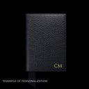 Von Baer full grain leather passport cover holder navy blue rear view with embossed initials, personalization example