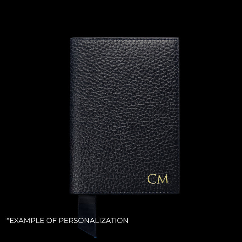 Von Baer full grain leather passport cover holder navy blue rear view with embossed initials, personalization example