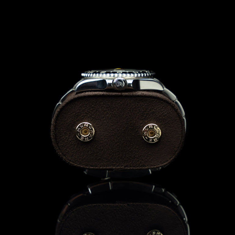 Front view of a brown Von Baer Hamilton luxury leather watch roll, showing the detachable cushion with a Rolex watch.