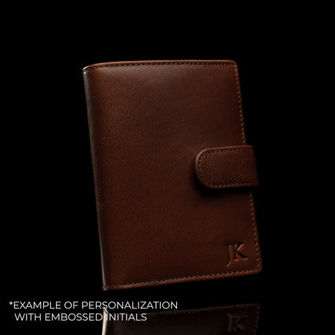 Von Baer Heritage personalized leather wallet in brown, featuring embossed initials: JK.