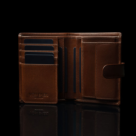 von baer heritage premium mens leather trifold wallet brown inside view card slots