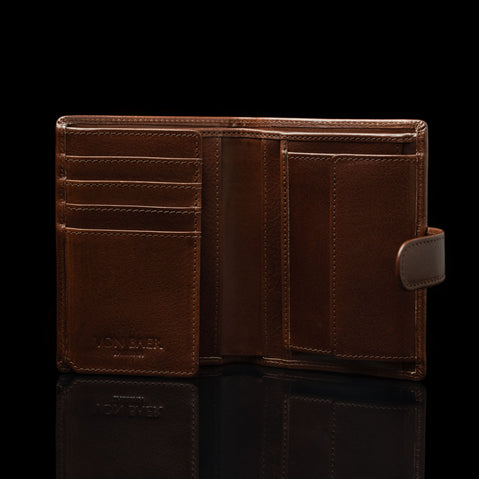 von baer heritage premium mens leather trifold wallet brown inside view