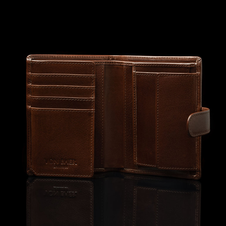 von baer heritage premium mens leather trifold wallet brown inside view