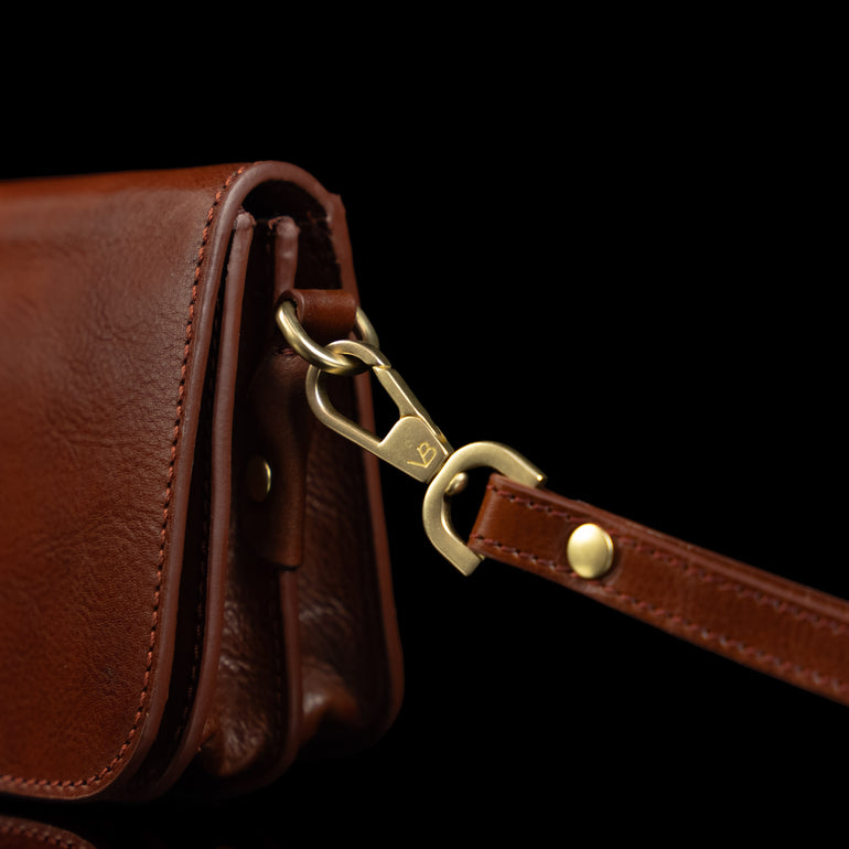Von Baer Isabella luxury mini leather crossbody bag, featuring high-quality brass hardware.
