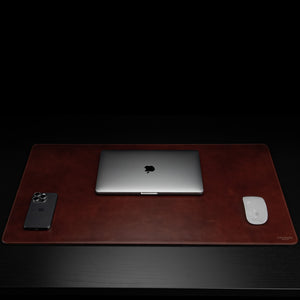 Von Baer large luxury leather desk mat, high-quality, brown, front view with MacBook, gift idea.