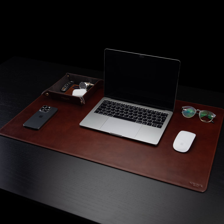 Von Baer large luxury brown leather desk mat side view with MacBook and other essentials