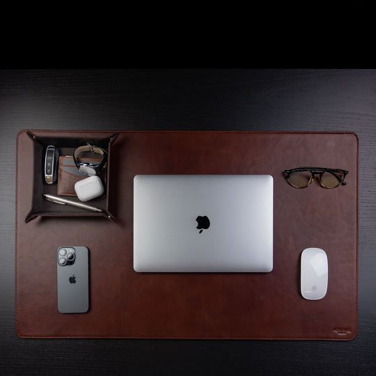 Von Baer large luxury brown leather desk mat upper view with MacBook and gift idea