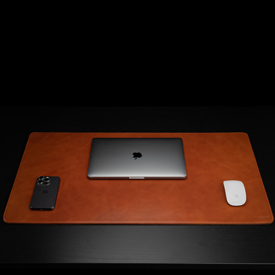 Von Baer Executive high-quality leather desk mat large size, tan color front view with MacBook perfect gift idea.