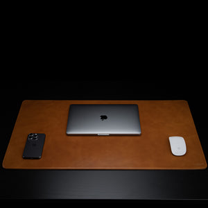Von Baer Executive high-quality leather desk mat large size, tan color front view with MacBook perfect gift idea.