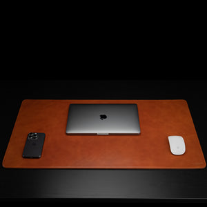 Von Baer Executive high-quality leather desk mat large size, tan color front view with MacBook perfect gift idea.