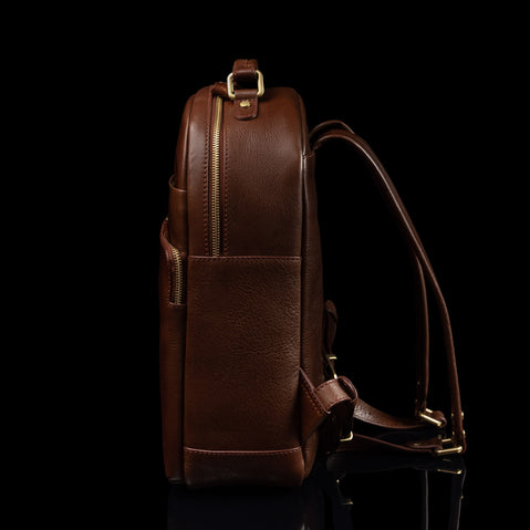 Von Baer Liberty stylish women's leather backpack, brown, side view.