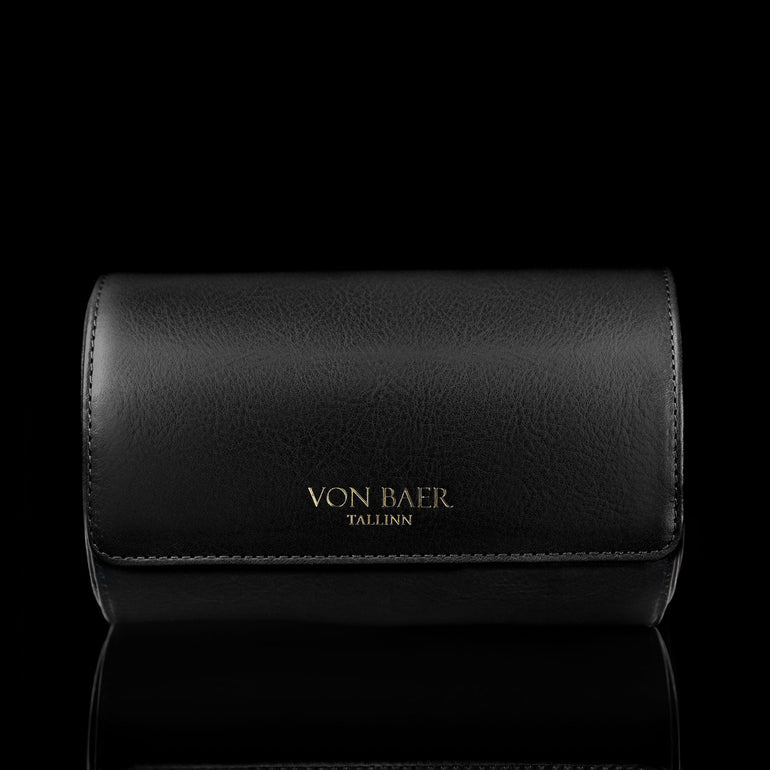 A front view of a black Von Baer luxury leather watch roll.