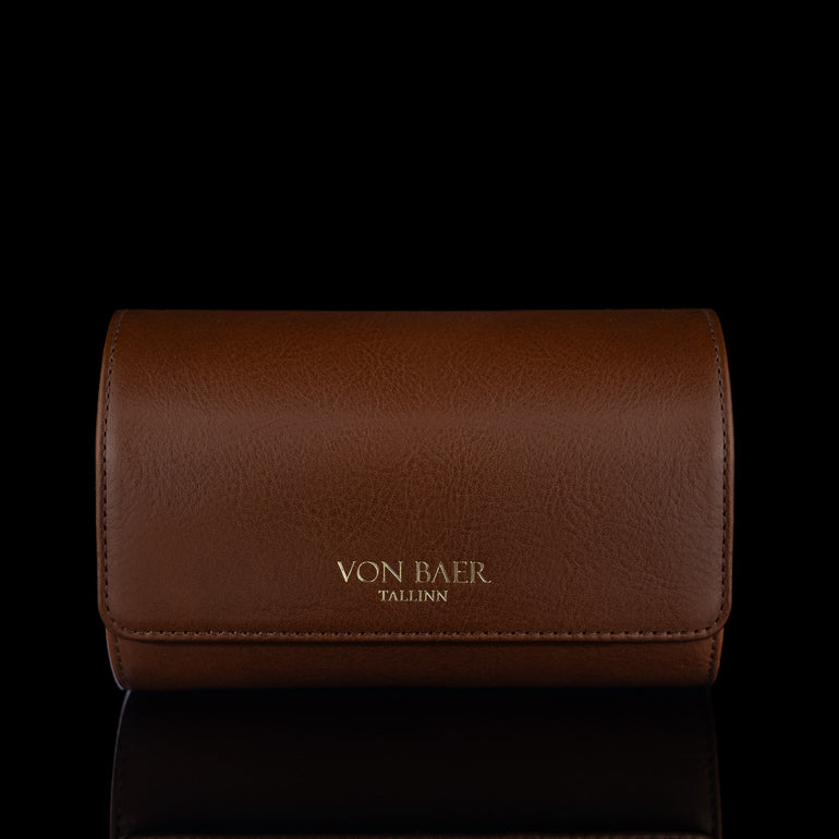 A front view of a brown Von Baer luxury leather watch roll.